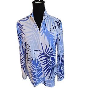 G LIFESTYLE Blue White Tropical Print Long Sleeve Athletic Golf Shirt Large